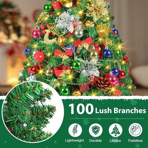 2FT Mini Christmas Tree, Tabletop Small Christmas Trees with 60 LED Lights,100 Lifelike Branches and 66 Ornaments, Artificial Christmas Tree, Prelit Xmas Tree for Holiday Indoor DIY Decor in Saudi Arabia