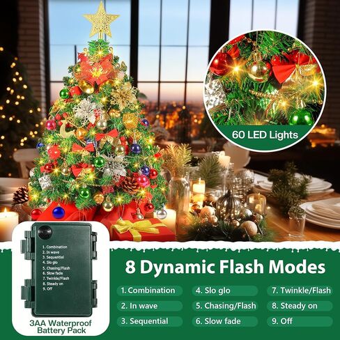 2FT Mini Christmas Tree, Tabletop Small Christmas Trees with 60 LED Lights,100 Lifelike Branches and 66 Ornaments, Artificial Christmas Tree, Prelit Xmas Tree for Holiday Indoor DIY Decor in Saudi Arabia