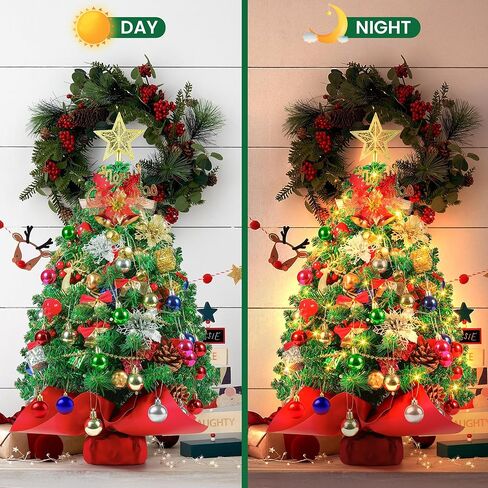 2FT Mini Christmas Tree, Tabletop Small Christmas Trees with 60 LED Lights,100 Lifelike Branches and 66 Ornaments, Artificial Christmas Tree, Prelit Xmas Tree for Holiday Indoor DIY Decor in Saudi Arabia