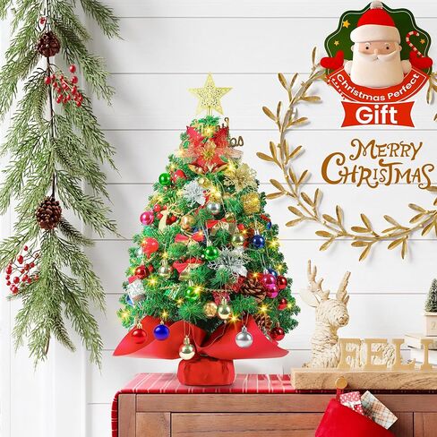 2FT Mini Christmas Tree, Tabletop Small Christmas Trees with 60 LED Lights,100 Lifelike Branches and 66 Ornaments, Artificial Christmas Tree, Prelit Xmas Tree for Holiday Indoor DIY Decor in Saudi Arabia
