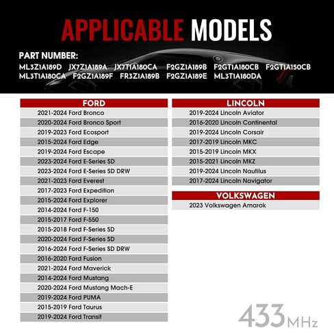 4 قطع مستشعر نظام مراقبة ضغط الإطارات TPMS مبرمج مسبقًا متوافق مع Ford Lincoln, F150, F250, F350, F550, Fusion, Mustang, MKC, MKX, MKZ, OE#FR3Z1A189B, F2GZ1A189B, 433MHz in Kuwait