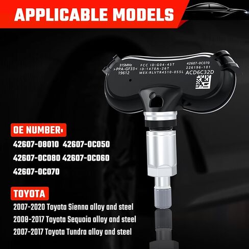 مستشعر TPMS 315 ميجا هرتز 4 حزم، مستشعر نظام مراقبة ضغط الإطارات المبرمج مسبقًا مناسب لسيارة Toyota Sequoia 2006-2017 لـ Sienna 2006-2020 لـ Tundra 2006-2017، استبدل 426070C070، 4260708010 in Kuwait