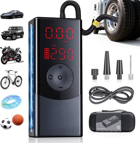 Tire Inflator Portable Air Compressor, Air Pump for Car with LED Light & Digital Pressure Gauge, 150 PSI, Auto Shut-Off, Rechargeable Cordless for Cars, Motorcycle, Bikes, Balls in Saudi Arabia