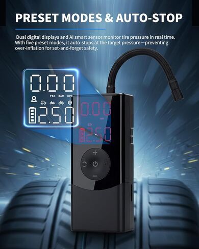 Tire Inflator Portable Air Compressor, Air Pump for Car with LED Light & Digital Pressure Gauge, 150 PSI, Auto Shut-Off, Rechargeable Cordless for Cars, Motorcycle, Bikes, Balls in Saudi Arabia