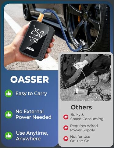 منفاخ إطارات Oasser ضاغط هواء محمول مع شاشة عرض رقمية مزدوجة القيم 6000 مللي أمبير في الساعة 150 رطل لكل بوصة مربعة من النوع C شحن USB وخرطوم 30 سم وحقيبة تخزين مضخة هواء لإطارات السيارات مضخة دراجة صغيرة لكرة الدراجة الآلية in Kuwait