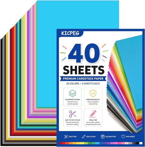 Colored Cardstock Paper 8.5" x 11", 40 Sheets, 20 Assorted Colors, 200gsm / 75lb Thick Smooth Card Stock for Card Making, DIY Crafts, Scrapbooking, Printing & Projects in Saudi Arabia
