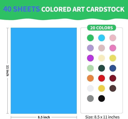 Colored Cardstock Paper 8.5" x 11", 40 Sheets, 20 Assorted Colors, 200gsm / 75lb Thick Smooth Card Stock for Card Making, DIY Crafts, Scrapbooking, Printing & Projects in Saudi Arabia