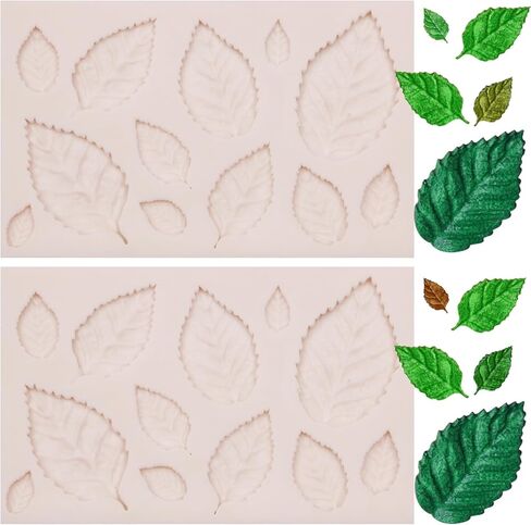 Leaf Silicone Mold 2 Pcs, Rose Flower Leaves Fondant Mold for Chocolate Cake Decoration Candy Cupcake Topper Cake Polymer Clay Crafts in Saudi Arabia