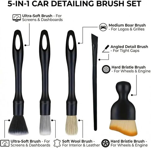 5 PCS Car Detailing Brush Set, Ultra-Soft Boar Hair Brushes for Interior & Exterior Cleaning, Multi-Use Duster for Air Vents, Wheels & Leather, Professional Car Wash Supplies in Saudi Arabia