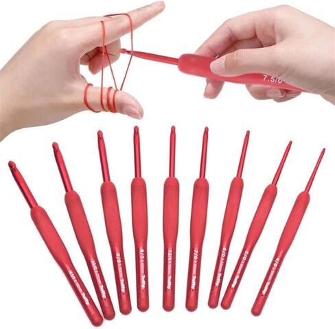 Crochet Hooks Red Weave Yarn Ergonomic Handle Non-Slip Soft Grip Craft Tools 1 Set/9 pcs(1) in Kuwait
