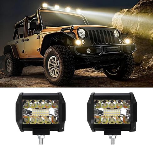 AUTOPALS شريط إضاءة LED 4 بوصة مجموعة فيضان بقعة 2 قطعة مصباح ضباب ثلاثي الصف لقيادة الدراجات النارية شاحنة ATV UTV SUV قارب رافعة شوكية - ضوء أبيض وأصفر in Kuwait