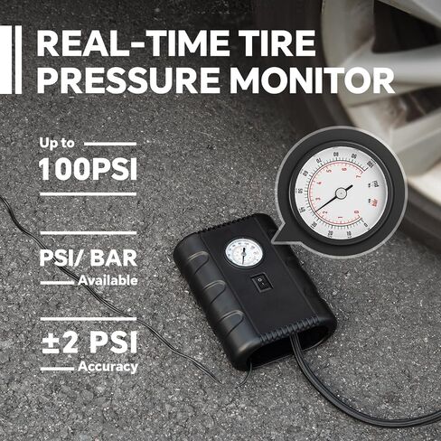Tire Inflator Portable Air Compressor, 12V DC with Analog Pressure Gauge, 100 PSI Fast Inflation Air Pump for Car Tires, Motorcycle, Bicycle, Balls & Inflatables, Compact Emergency Tire Pump in Saudi Arabia