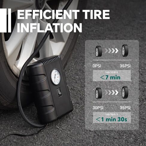Tire Inflator Portable Air Compressor, 12V DC with Analog Pressure Gauge, 100 PSI Fast Inflation Air Pump for Car Tires, Motorcycle, Bicycle, Balls & Inflatables, Compact Emergency Tire Pump in Saudi Arabia