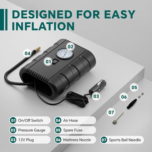 Tire Inflator Portable Air Compressor, 12V DC with Analog Pressure Gauge, 100 PSI Fast Inflation Air Pump for Car Tires, Motorcycle, Bicycle, Balls & Inflatables, Compact Emergency Tire Pump in Saudi Arabia