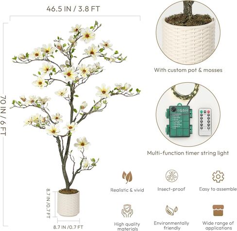5FT Faux Magnolia Plants Artificial Flower Trees Fake Plants For Yard Patio Home Office Arrangement Decor Indoor Outdoor Artificial Magnolia Tree Inc. 120 Realisc Flowers Vivid Leaves Mosses White Pot in Saudi Arabia
