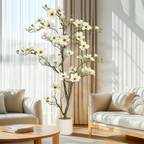 5FT Faux Magnolia Plants Artificial Flower Trees Fake Plants For Yard Patio Home Office Arrangement Decor Indoor Outdoor Artificial Magnolia Tree Inc. 120 Realisc Flowers Vivid Leaves Mosses White Pot in Saudi Arabia