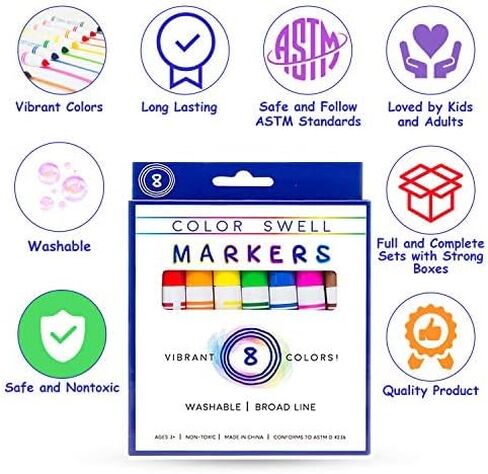 Color Swell Washable Markers Bulk Pack, 8 Vibrant Colors, Broad Line, Non-Toxic, 40 Sets (320 Total Markers), Ages 3+ in Kuwait