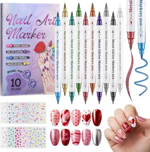 10 Colors Dual Tip Nail Art Pens Set&10PCS Nail Art Stickers, Fine Tip & Brush Metallic Art Graffiti Pen 3D Nail Polish Paint Pens Quick Drying Waterproof Drawing Marker for Nail Art Drawing Salon DIY in Kuwait