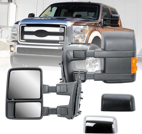 Replacement Driver Left Side Door Towing Mirror Power and Heated Glass with Chrome and Black Cap Amber Turn Signal Light Manual Fold and Telescope for 99-16 Ford F-250 350 450 550 in Kuwait