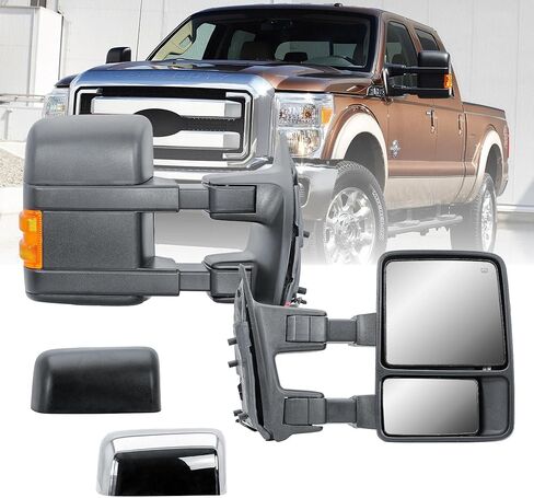 Replacement Driver Left Side Door Towing Mirror Power and Heated Glass with Chrome and Black Cap Amber Turn Signal Light Manual Fold and Telescope for 99-16 Ford F-250 350 450 550 in Kuwait