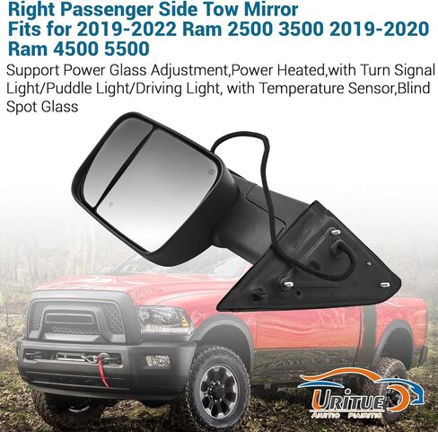 Passenger Side Tow Mirror Fits for Ram 2500 3500 2019-2022 for Ram 4500 5500 2019-2020 W/Blind Spot Support Power Glass Adjust/Heated with Turn Signal & Puddle & Driving Light Manual Folding in Kuwait