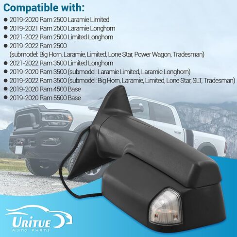 Passenger Side Tow Mirror Fits for Ram 2500 3500 2019-2022 for Ram 4500 5500 2019-2020 W/Blind Spot Support Power Glass Adjust/Heated with Turn Signal & Puddle & Driving Light Manual Folding in Kuwait