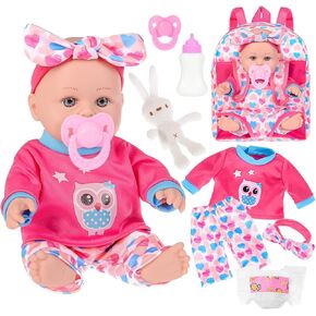 12" Baby Doll in Gift Box with Backpack Carrier, Clothes, Feeding Bottle, Pacifier, Diaper and a Toy Rabbit Accessories, First Baby Dolls for Girls 3 Years and Up in Saudi Arabia