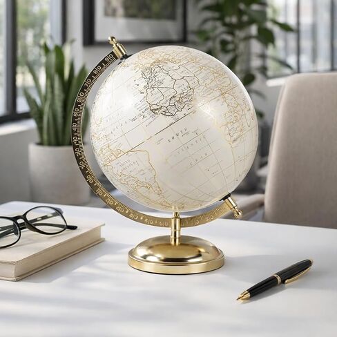 Elegant Globe Accent Display for Home Decor - Modern Metal Stand for Office Desk and Room Decor - Decorative Desktop Globe for Living Room, Shelf, and Coffee Table Styling - 11", White & Gold in Saudi Arabia