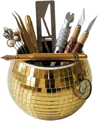 Disco Ball Makeup Brush Holder & Pen Cup - Fun Desk Accessories for Office, Cute Aesthetic Room Decor, Unique Gifts vase for Her (silver) in Saudi Arabia
