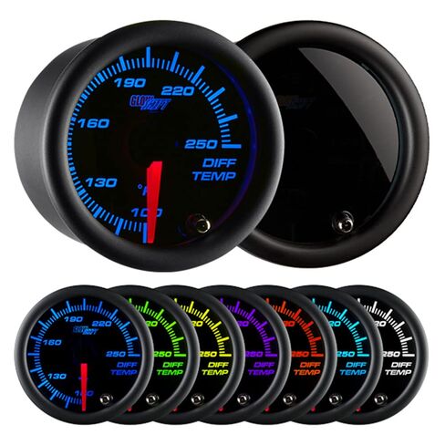 GlowShift Tinted 7 Color 250 F Rear Differential Temperature Gauge Kit - Includes Electronic Sensor - Black Dial - Smoked Lens - for Car & Truck - 2-1/16" 52mm in Kuwait