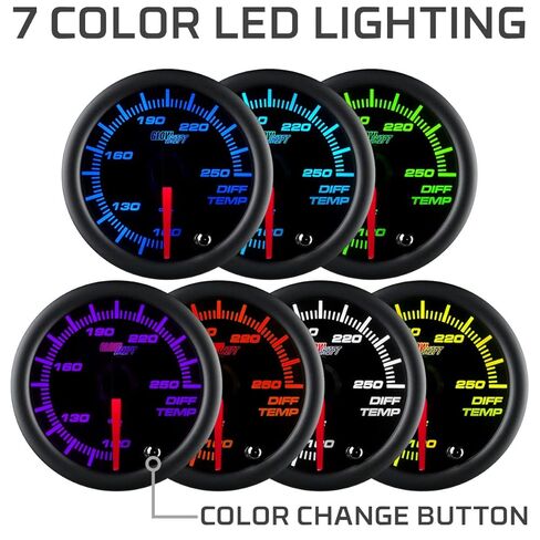 GlowShift Tinted 7 Color 250 F Rear Differential Temperature Gauge Kit - Includes Electronic Sensor - Black Dial - Smoked Lens - for Car & Truck - 2-1/16" 52mm in Kuwait