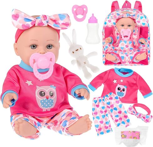 12" Baby Doll in Gift Box with Backpack Carrier, Clothes, Feeding Bottle, Pacifier, Diaper and a Toy Rabbit Accessories, First Baby Dolls for Girls 3 Years and Up in Saudi Arabia