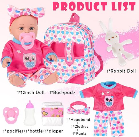 12" Baby Doll in Gift Box with Backpack Carrier, Clothes, Feeding Bottle, Pacifier, Diaper and a Toy Rabbit Accessories, First Baby Dolls for Girls 3 Years and Up in Saudi Arabia