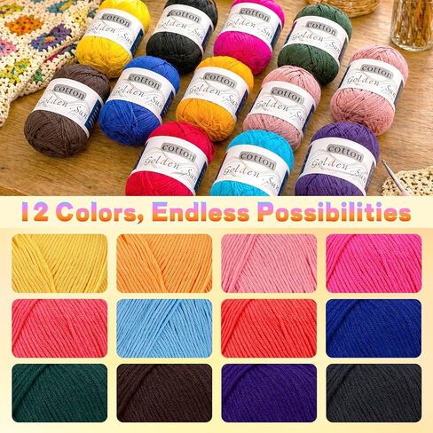 Pure Cotton Yarn for Crocheting, 12 Color of 45g/1.59oz 160m/175Yards (1920m/2100Yards Total) # 2 Sport Weight Soft Cotton Crochet Yarn for Baby Clothes, Knitting & DIY Crafts(B) in Saudi Arabia