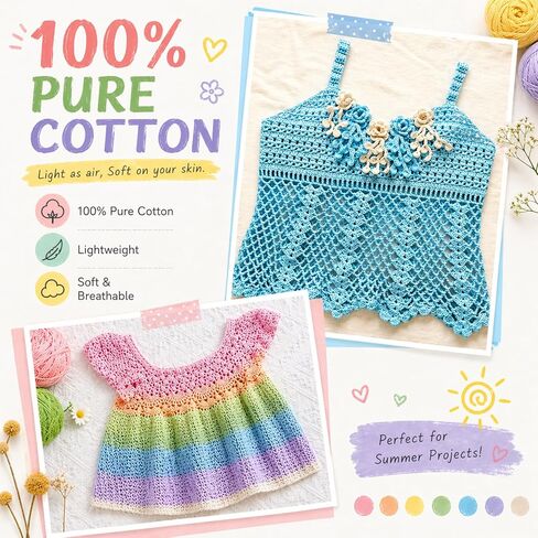 Pure Cotton Yarn for Crocheting, 12 Color of 45g/1.59oz 160m/175Yards (1920m/2100Yards Total) # 2 Sport Weight Soft Cotton Crochet Yarn for Baby Clothes, Knitting & DIY Crafts(B) in Saudi Arabia