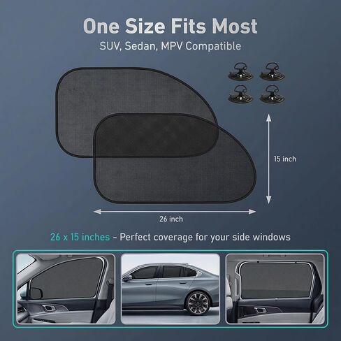 2 PCS Car Window Shades, Heat Insulation Baby Side Window Car Sun Shades, 15" × 25.6" Suction Cup Mesh Sun Protector, Universal for Most Vehicles (Black) in Saudi Arabia