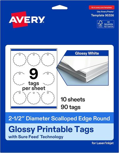 Avery Printable Round Scalloped Tags with Sure Feed Technology, 2-1/2" Diameter, Glossy White Cardstock, Print-to-The-Edge, Laser/Inkjet, 90 Total, Great for Custom Gift Tags and Branding Tags in Saudi Arabia