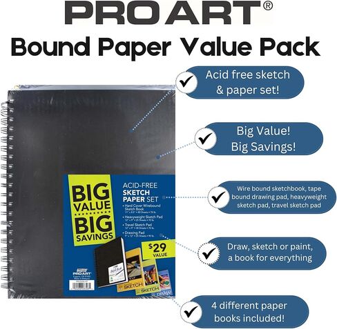 Pro Art Paper Value Pack for Drawing and Sketching - Wirebound Sketch Pad, Drawing Book, Mixed Media Sketchbook, Art Books, Sketch Book for Artists in Kuwait