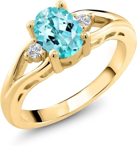 Gemstone Birthstone and Lab Grown Diamond 3-Stone Engagement Ring for Women | 18K Yellow Gold Plated Silver | Oval 8X6MM and Round 2MM | Three-Stone Wedding Anniversary Promise Ring | Sizes 5-9 in Saudi Arabia