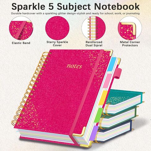 Hardcover Spiral Notebook with Removable Dividers & Tabs, 8"x10" 5 Subject Notebooks for Work, 300 Pages College Ruled Notebook, B5 Sparkle Lined Journal for Women Girls Note-Taking (Rose Red) in Saudi Arabia