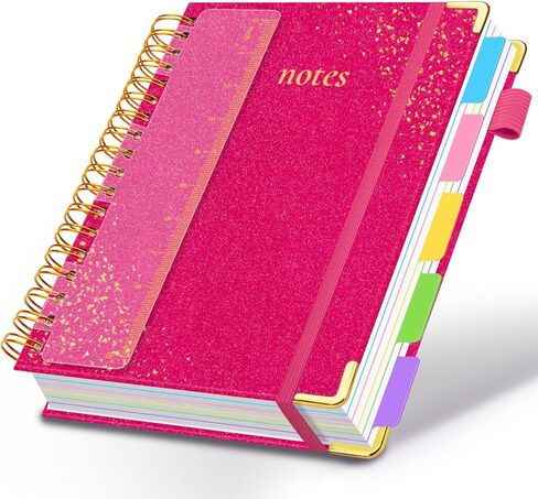Hardcover Spiral Notebook with Removable Dividers & Tabs, 8"x10" 5 Subject Notebooks for Work, 300 Pages College Ruled Notebook, B5 Sparkle Lined Journal for Women Girls Note-Taking (Rose Red) in Saudi Arabia