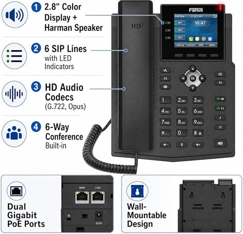 هاتف Fanvil X3U Pro Entry Level Gigabit IP Phone، شاشة ملونة 2.8 بوصة، 6 خطوط SIP، صوت عالي الدقة، ثنائي جيجابت PoE، سماعة EHS تدعم هاتف VoIP للمكاتب الصغيرة in Kuwait