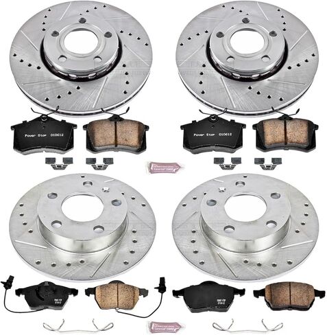 طقم فرامل أمامية وخلفية PowerStop لسيارة Audi A4 2002-04 |A4 2006 |A4 Quattro 2002-05 - دوارات قرصية محفورة ومشقوقة مع استبدال وسادات فرامل سيراميك من ألياف الكربون، K2741 in Kuwait