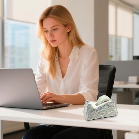 موزع شريط سطح المكتب الأبيض SlowVibes Bling مع قاعدة مرجحة مضادة للانزلاق | حامل الشريط الماسي | إكسسوارات مكتب سباركل للنساء | لوازم مكتبية لامعة لطيفة كهدية للفتيات in Kuwait