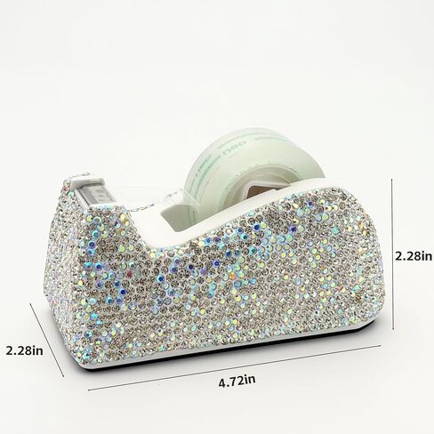 موزع شريط سطح المكتب الأبيض SlowVibes Bling مع قاعدة مرجحة مضادة للانزلاق | حامل الشريط الماسي | إكسسوارات مكتب سباركل للنساء | لوازم مكتبية لامعة لطيفة كهدية للفتيات in Kuwait