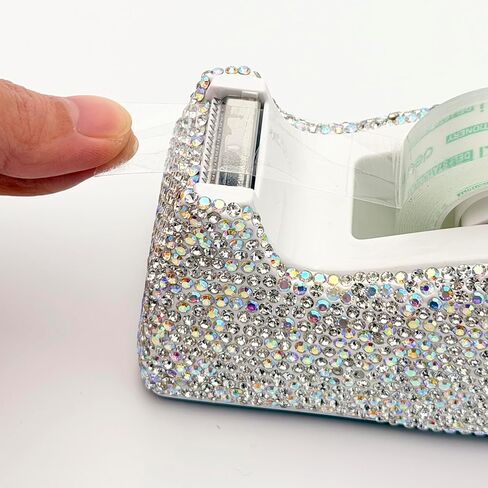 موزع شريط سطح المكتب الأبيض SlowVibes Bling مع قاعدة مرجحة مضادة للانزلاق | حامل الشريط الماسي | إكسسوارات مكتب سباركل للنساء | لوازم مكتبية لامعة لطيفة كهدية للفتيات in Kuwait
