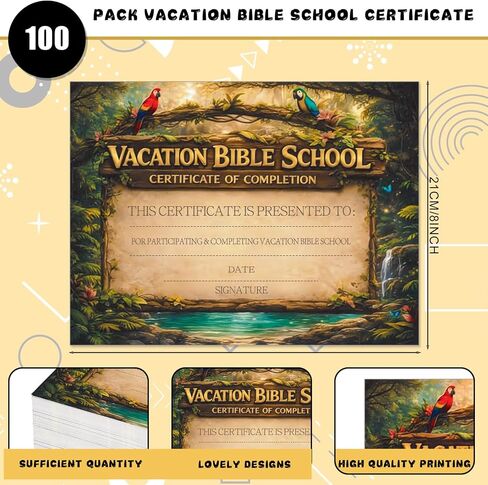 100 Pcs 2026 VBS Certificate of Completion Award Rainforest Falls Theme Vacation Bible School Attendance Award, Christian Sunday School Elementary Supplies 8.5 x 11 Inch in Saudi Arabia