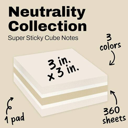 Post-it Super Sticky Notes، 1 Cube Note Sticky Note Pad، 3 × 3 بوصة، اللوازم المدرسية واللوازم المكتبية، 2X قوة الالتصاق، مجموعة الحياد in Kuwait