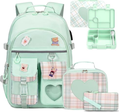 Backpack for Girls with Insulated Water Bottle, Bookbag Backpack for Girls Kids, 14oz Kids Water Bottle Stainless Steel, Lunch Bag & Pencial Case, Back To School Gift (Green) in Saudi Arabia