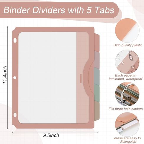 20 Counts Binder Dividers with 20 Pockets, 5 Tab Dividers for 3 Ring Binder Organizer US Letter Size 9.5 x 11.4 Inch for Office and Home Organization Back to School, Pastel Color, 4 Sets in Kuwait